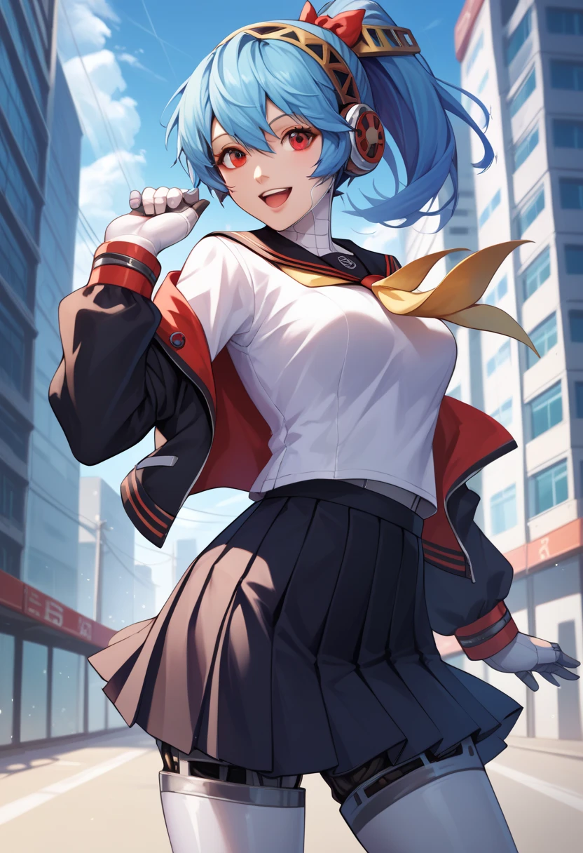 score_9_up, score_8_up, score_7_up,score_6_up, score_5_up, score_4_up , 1girl, solo, p3aegis, android, robot joints, hairband, headphones, red bow, gekkoukan high school uniform, black jacket, red bow, long sleeves, black skirt, p4labrys, android, robot joints, blue hair, ponytail, red eyes, headphones, serafuku, white shirt, yellow neckerchief, short sleeves, pleated skirt, houndstooth, happy, cowboy shot, city background