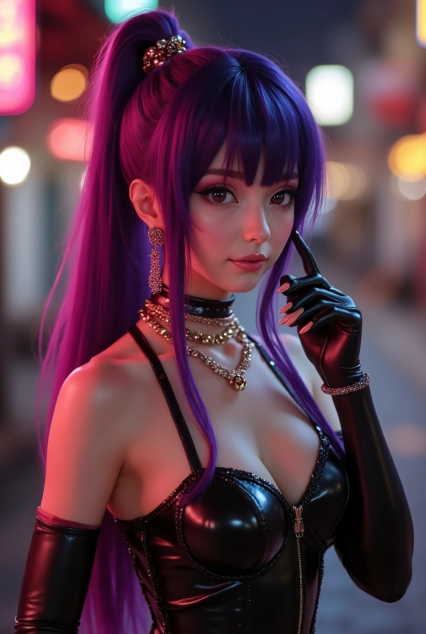 Close-up of a visual kei fashion models, highlighting the avant-garde makeup and elaborate hairstyle, against a futuristic and vibrant studio setting, massive cleavage, dynamic fisheye photography style, high-definition quality.