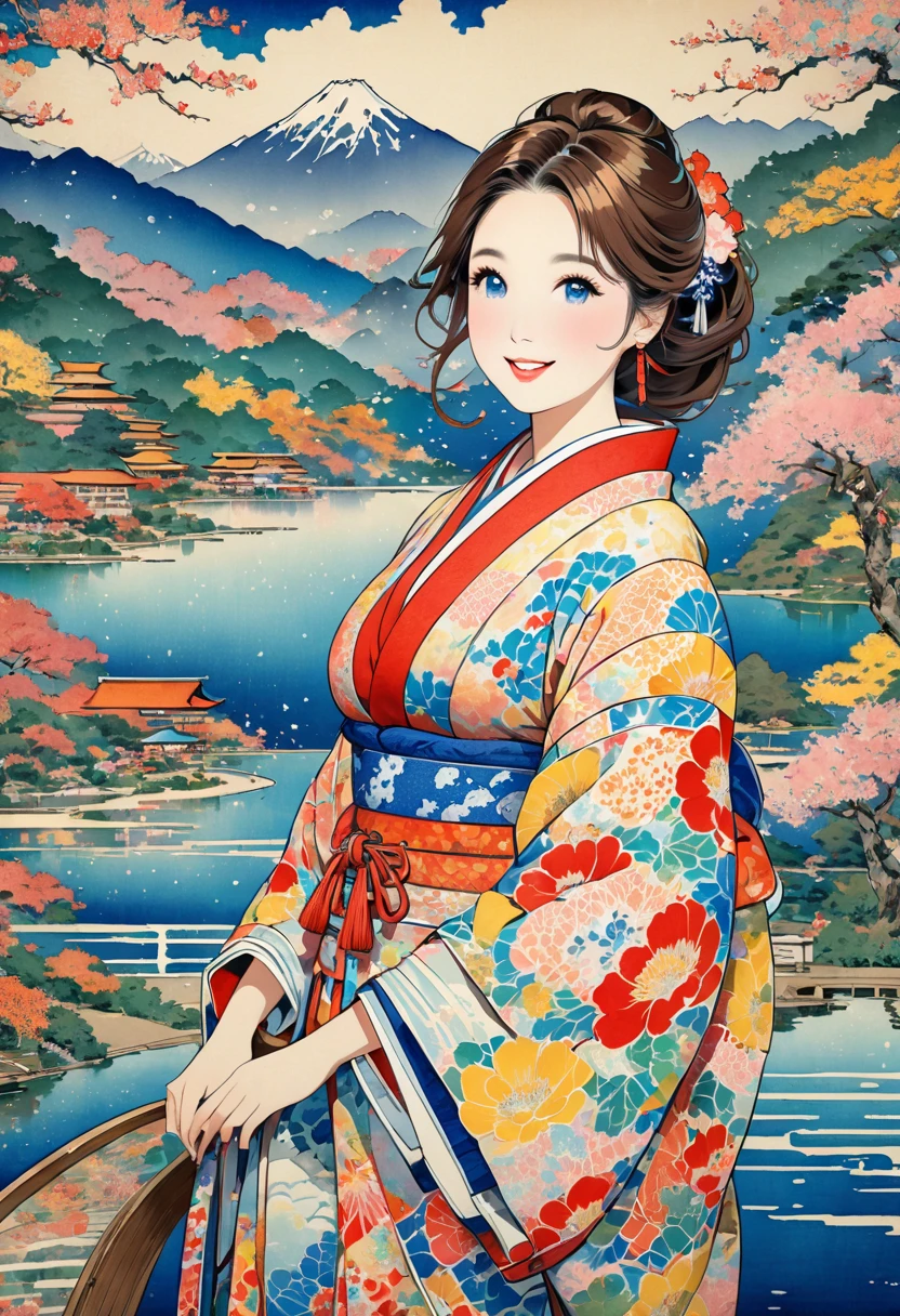 ( best quality, masterpiece,  high definition , 8k),  Young and Beautiful Women ,  colorful kimono with bright patterns that reveal the chest,  Big Breasts , Sexy ,  beautiful smiling woman , Long brown hair, Mountain, Hotel, lake, blue bird , Colorful Ukiyo-e style illustrations,  Detailed Illustration Art , 