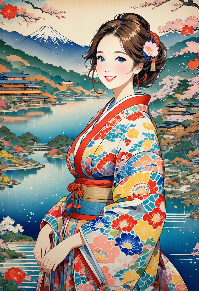 ( best quality, masterpiece,  high definition , 8k),  Young and Beautiful Women ,  colorful kimono with bright patterns that reveal the chest,  Big Breasts , Sexy ,  beautiful smiling woman , Long brown hair, Mountain, Hotel, lake, blue bird , Colorful Ukiyo-e style illustrations,  Detailed Illustration Art , 