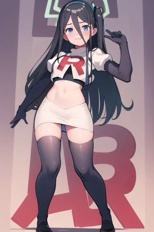 arisdef, (very long hair:1.1), team rocket,team rocket uniform,white skirt,red letter R,crop top,black thigh-highs,black elbow gloves, masterpiece, best quality, highres, 