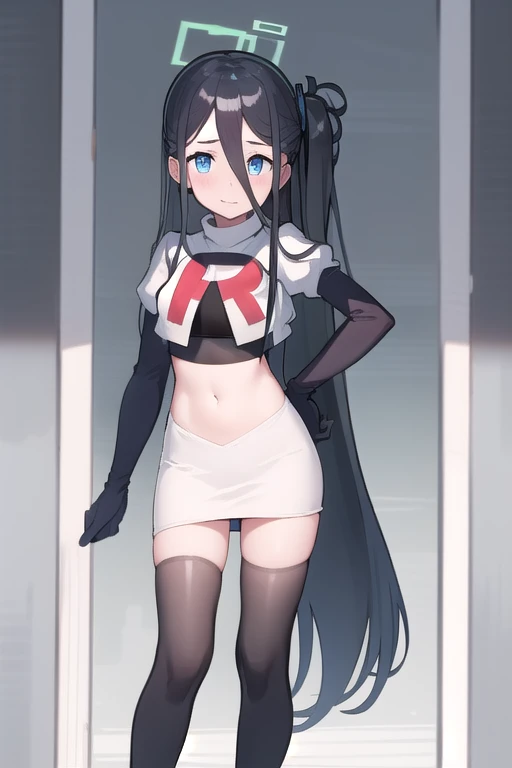 arisdef, (very long hair:1.1), team rocket,team rocket uniform,white skirt,red letter R,crop top,black thigh-highs,black elbow gloves, masterpiece, best quality, highres, 