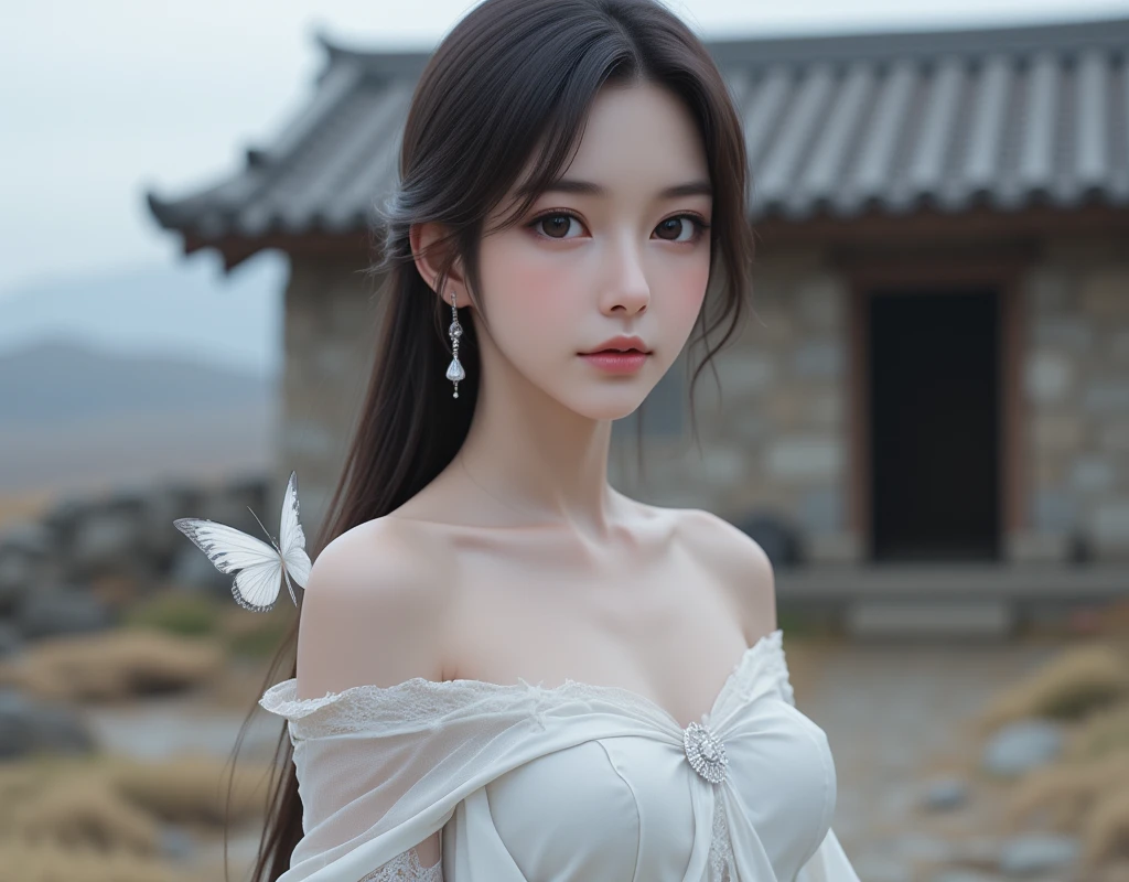 Photorealism far shot , "Japanese beautiful young woman, white pale skin, (medium CUP-A chests)", long black hair, pretty white Strapless dress, (fabric butterfly around), front of rough stone cabin, wast land environment, 