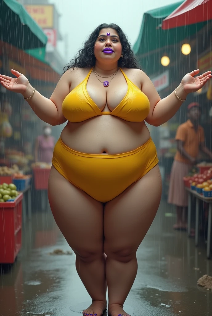 Highly detailed RAW color Photo, 4k, high-res, masterpiece, best quality, beautiful young girl, (very wide hips:1.5), (detailed skin), (detailed lips), (detailed teeth), (detailed eyes), ((in traditional market:1.5)), (real setting) (detailed face), (mouth closed), (curvy:1.5), (strong) (huge breasts:1.5), (big breasts), (thin waist:1.5), (super thin waist), (small waist), (extremely tiny waist), full body shot from top view, standing, detailed eyes, (detailed teeth), mouth closed, closed mouth, depth of field, soft lighting, masterpiece, best quality, intricate, (bloom:0.7), particle effects, raytracing, tone mapped, highly detailed, smooth, sharp focus, soft lighting, cinematic, 8K, photo realistic, (highly detailed background), finely detailed skin, sharp focus, (cinematic lighting), morning, soft lighting, Alia Bhatt, indian, short hair, heels, yellow bikini, yellow push up bra, yellow thongs, heels, necklace, jawerly
