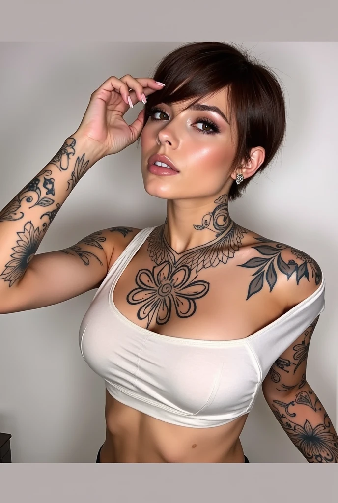 A beautiful woman with tattoos on her arms and chest, Coberto, com tatuagens, corpo tatuado, corpo totalmente tatuado, tatuagens por toda a pele, Estilo de tatuagem, estilo de tinta, tatuagens de corpo inteiro, tatuagens de corpo inteiro, tatuagem de corpo inteiro, tattoo sleeve on her right arm, Tatuagens, tatuagem inteira, tatuagens e piercings, corpo superior realista bonito, Tatuado