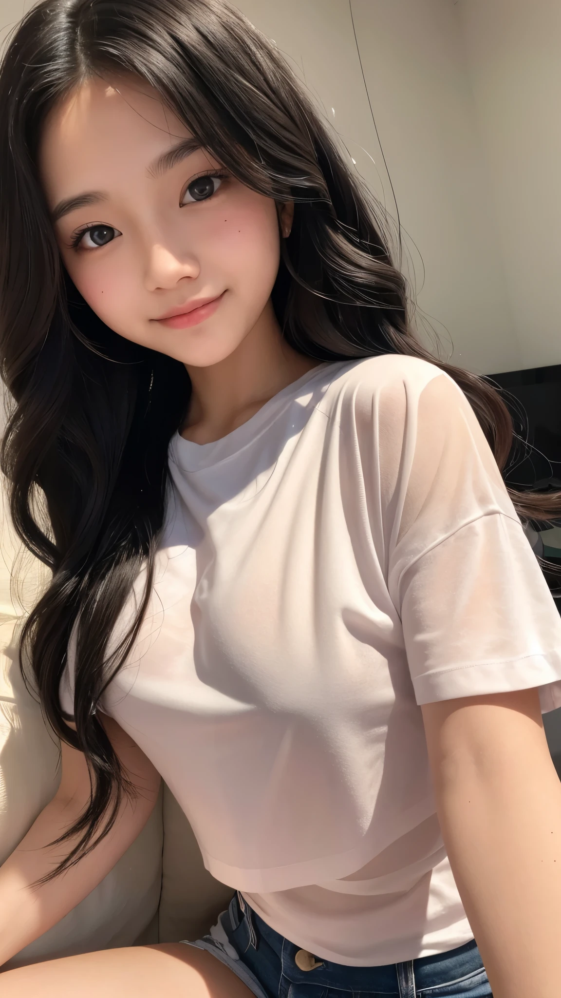 ((top-quality、8k、​masterpiece:1.3))、Beautiful woman with perfect body:1.4、slim abdomen:1.2、Longhair, normal breast, Highly detailed facial and skin texture, A detailed eye, delicate eyes, double eyelid, (smile), (full body shot), ((bedroom)), (sitting on bed), ((wearing white pajamas 1.1)), looking in front