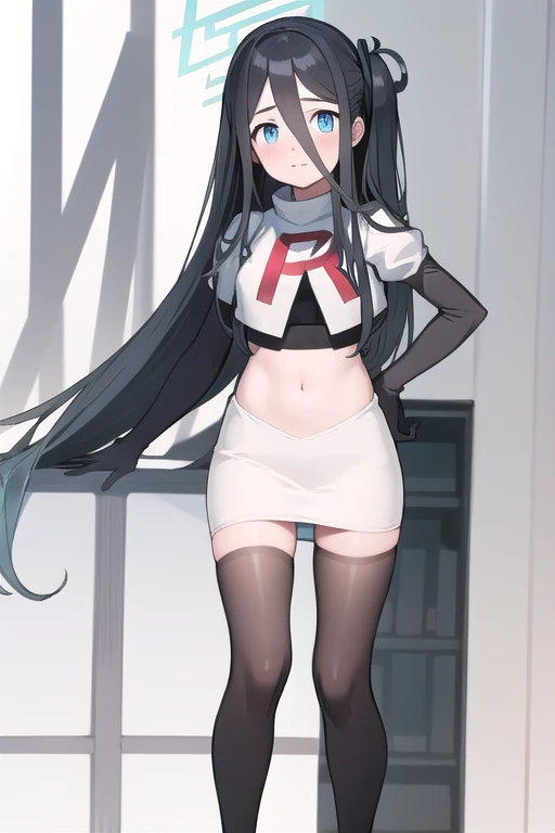 arisdef, (very long hair:1.1), team rocket,team rocket uniform,white skirt,red letter R,crop top,black thigh-highs,black elbow gloves, masterpiece, best quality, highres, 