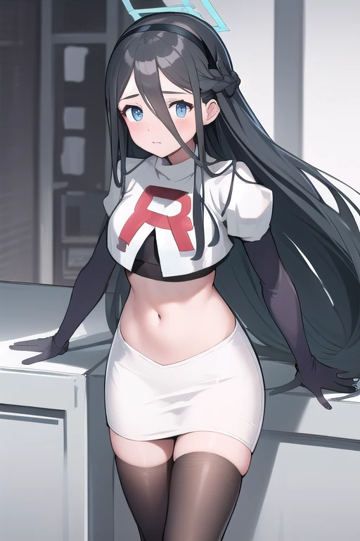 arisdef, (very long hair:1.1), team rocket,team rocket uniform,white skirt,red letter R,crop top,black thigh-highs,black elbow gloves, masterpiece, best quality, highres, 