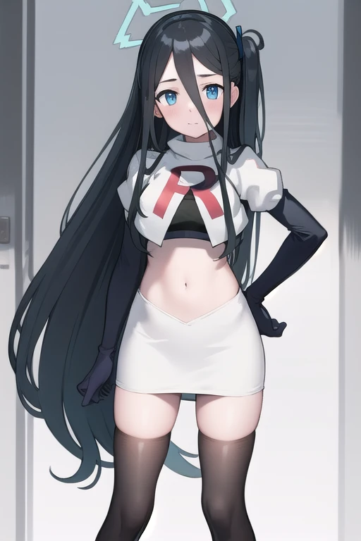 arisdef, (very long hair:1.1), team rocket,team rocket uniform,white skirt,red letter R,crop top,black thigh-highs,black elbow gloves, masterpiece, best quality, highres, 