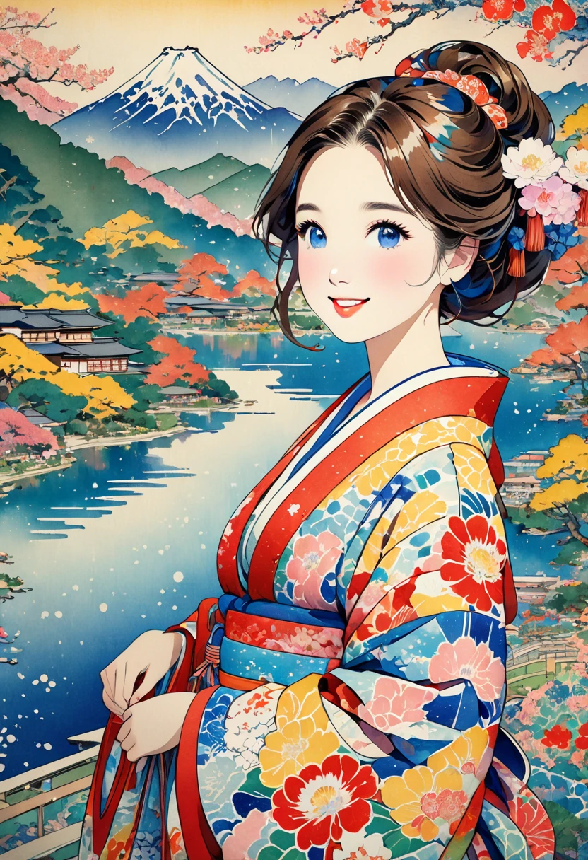 ( best quality, masterpiece,  high definition , 8k),  Young and Beautiful Women ,  cute face,  colorful kimono with bright patterns that reveal the chest, Mid-chest,  beautiful smiling woman , Long brown hair, Mountain, Hotel, lake, blue bird , Colorful Ukiyo-e style illustrations,  Detailed Illustration Art , 