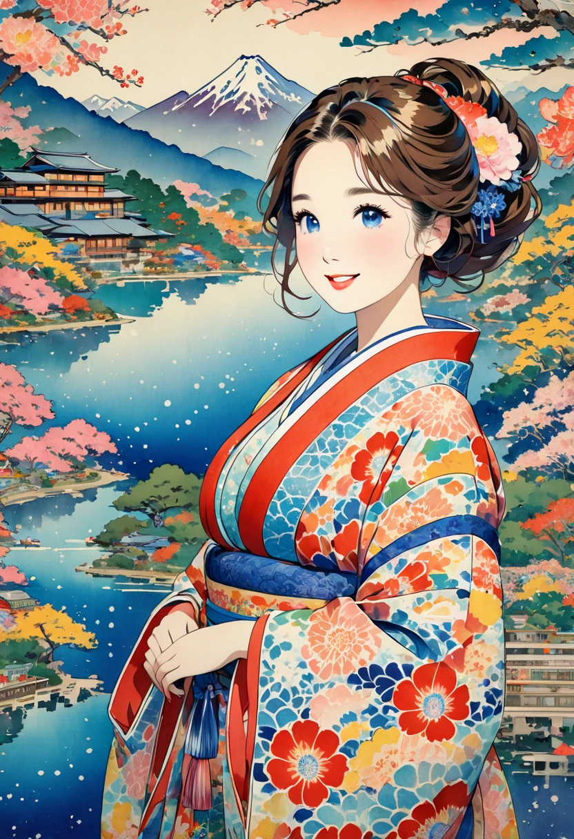 ( best quality, masterpiece,  high definition , 8k),  Young and Beautiful Women ,  cute face,  colorful kimono with bright patterns that reveal the chest, Mid-chest,  beautiful smiling woman , Long brown hair, Mountain, Hotel, lake, blue bird , Colorful Ukiyo-e style illustrations,  Detailed Illustration Art , 