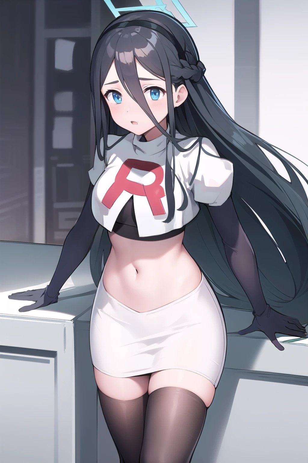 arisdef, (very long hair:1.1), team rocket,team rocket uniform,white skirt,red letter R,crop top,black thigh-highs,black elbow gloves, masterpiece, best quality, highres, 