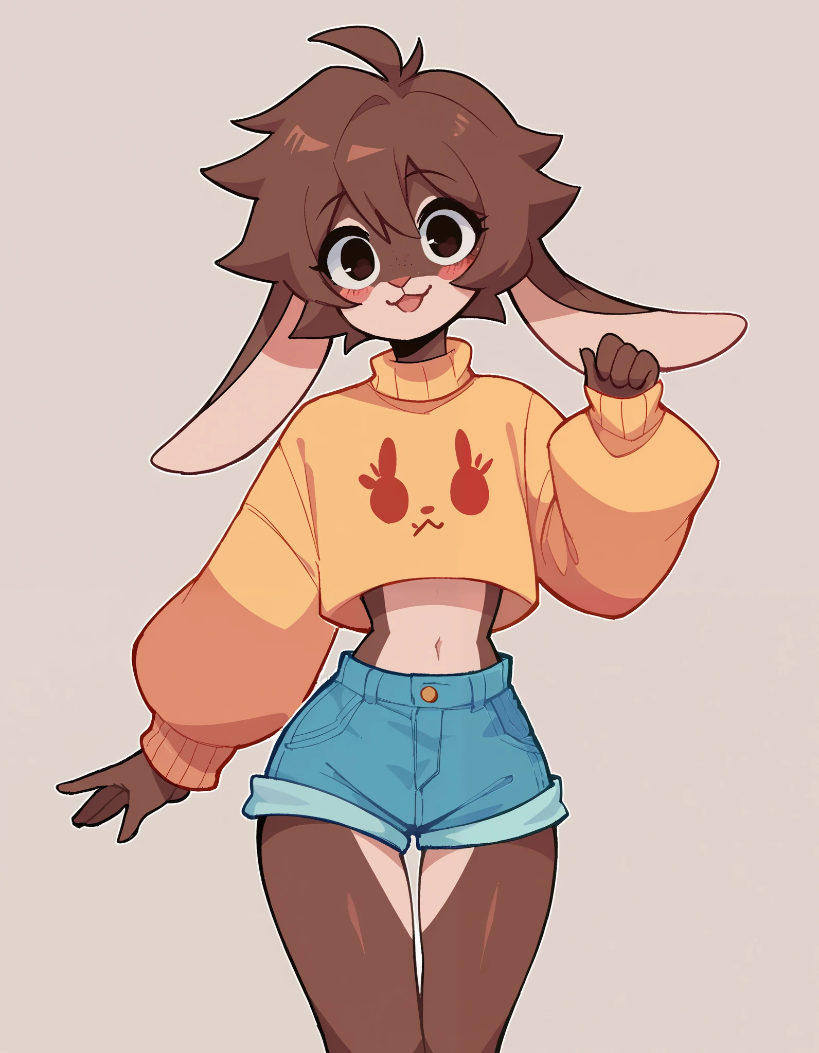  Best quality , Very detailed illustration, (Anthropomorphic furry rabbit boy:1,7) , tousled voluminous hair, Playful look, Slim, ideal body, thin waist,  wide hips, Simple drawing, Artifyber style, pastel flat colors, Cute, cartoon, sweater, short shorts