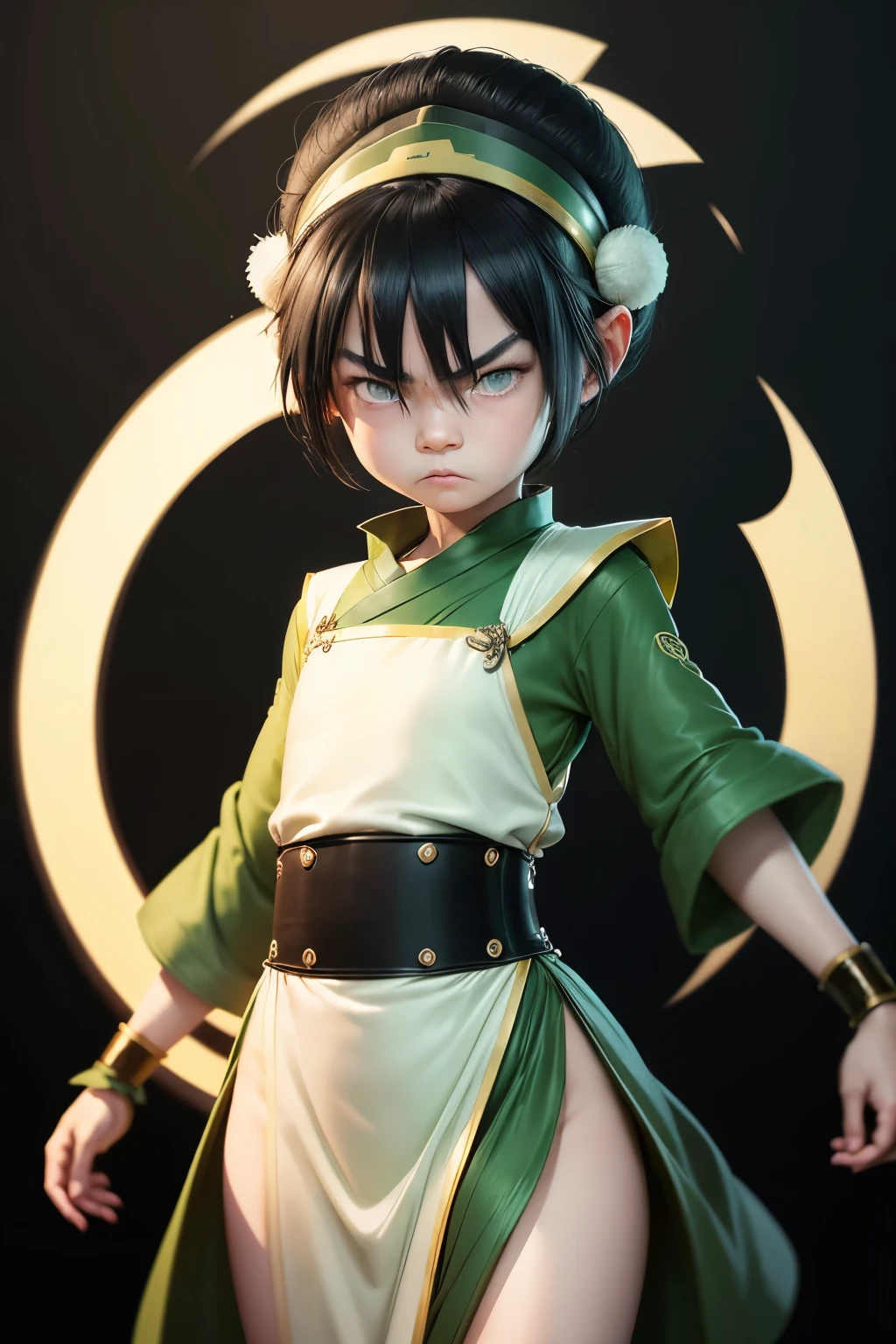 Ultra detailed ,beautiful  , delicada ,Toph beifong nine years old ,blind eyes ,  small girl ,japonese  girl ,1girl , flat chest , green  clothes , china dress,  pelvic curtain, Black hair, blind ,angry face ,night moon  background ,Beautiful face.  , standing . 