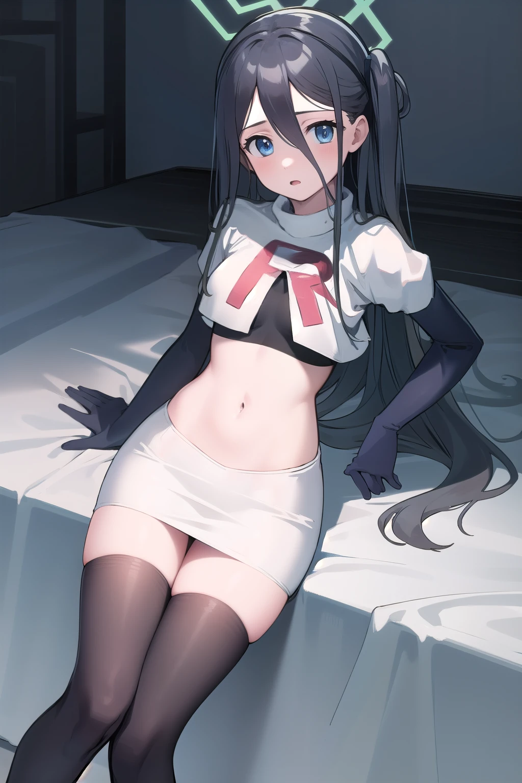 arisdef, (very long hair:1.1), team rocket,team rocket uniform,white skirt,red letter R,crop top,black thigh-highs,black elbow gloves, masterpiece, best quality, highres, 