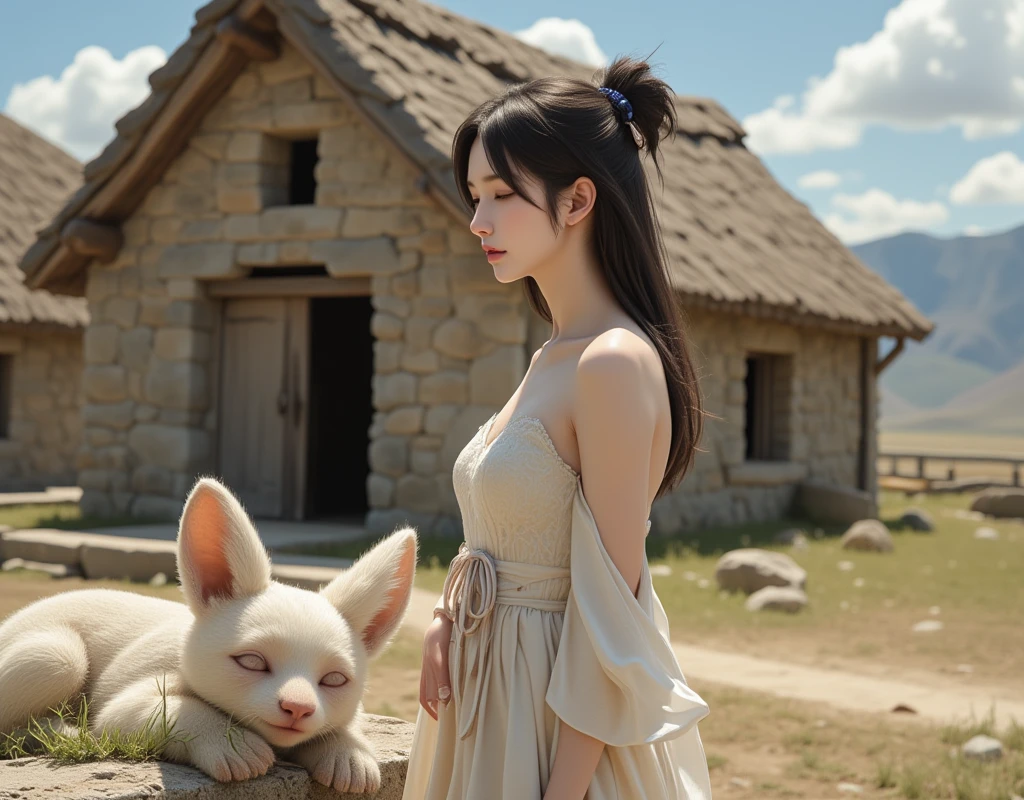 Photorealism far shot , "Japanese beautiful young woman, white pale skin, (medium CUP-A chests)", long black hair, pretty Strapless dress, front of rough stone cabin, wast land environment, with thrumbo fluffy animal cute friendly snoozing, 