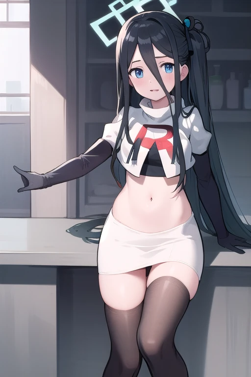 arisdef, (very long hair:1.1), team rocket,team rocket uniform,white skirt,red letter R,crop top,black thigh-highs,black elbow gloves, masterpiece, best quality, highres, 