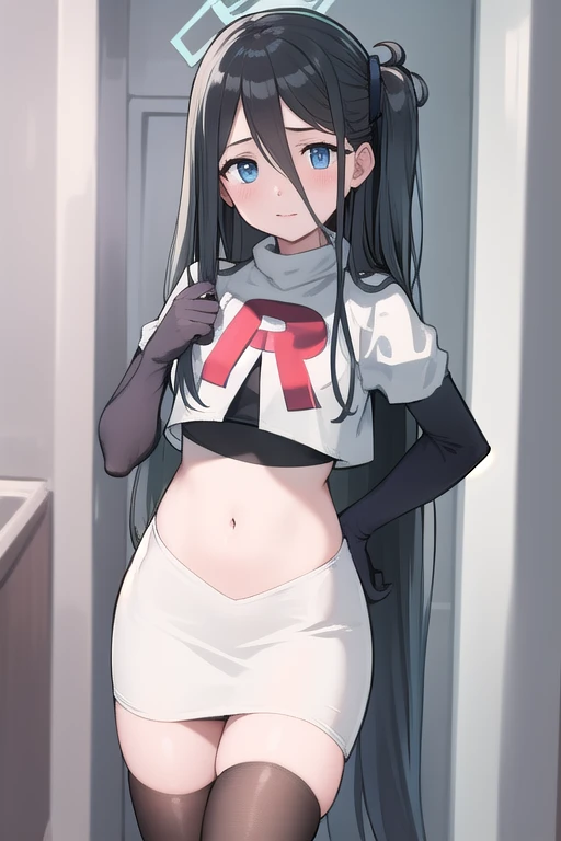 arisdef, (very long hair:1.1), team rocket,team rocket uniform,white skirt,red letter R,crop top,black thigh-highs,black elbow gloves, masterpiece, best quality, highres, 