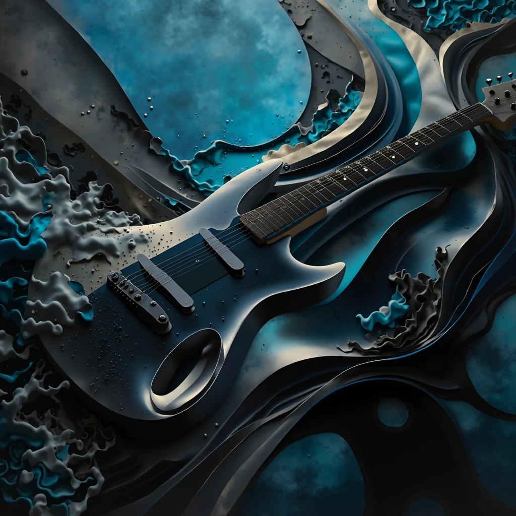 An artistic and abstract depiction of an electric guitar emerging from a background of wavy, flowing lines in silver and grey tones. The curves have a shiny metallic finish that intertwine, forming a surreal environment. The background is deep blue with textured details, evoking a moving sea or a stormy sky. The image conveys a sense of dynamism and modernity. (Best quality,4k,8k,highres,masterpiece:1.2),Ultra detailed,(realistic,photorealistic,photo-realistic:1.37),dark fantasy,cinematic lighting,dramatic pose,intricate details,chiaroscuro,moody atmosphere,rich colors