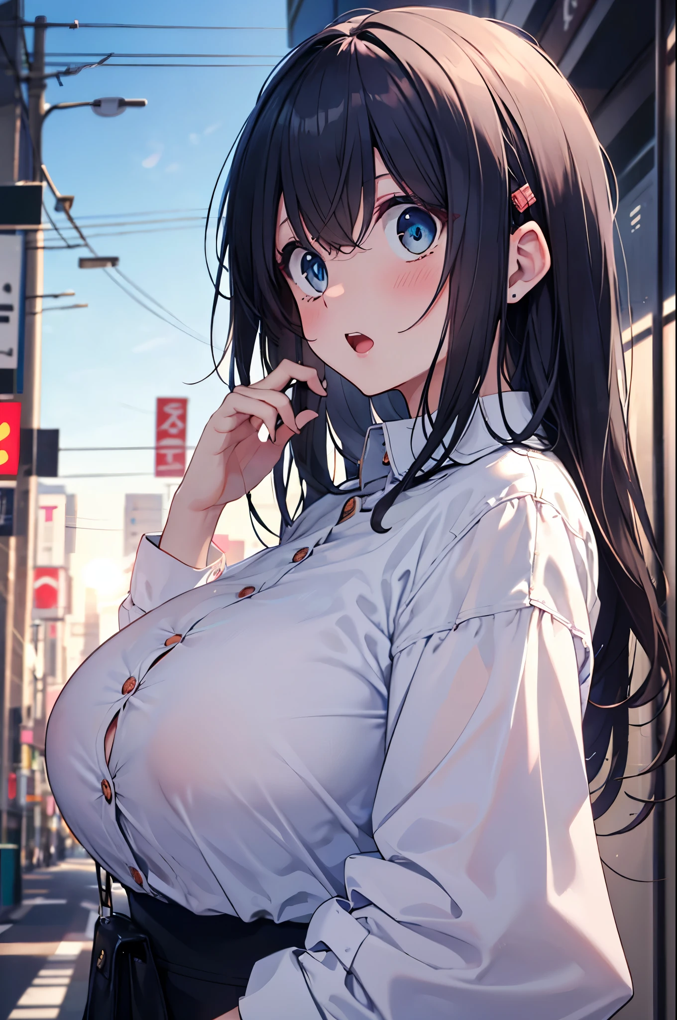 from front, from side, upper body, breasts focus, close-up, 1girl, button gap, (flying button:1.5), hands_up, large breasts, impossible clothes, unbuttoned Frill Blouse, full-face blush, surprised, flabbergasted, open mouth, outdoor, in tokyo, street, sunlight, depth of field, masterpiece, high quality, best quality, beautiful, hd, perfect lighting, detailed face, detailed body, masterpiece, best quality, intricate details, 8k uhd, perfect face, perfect eyes