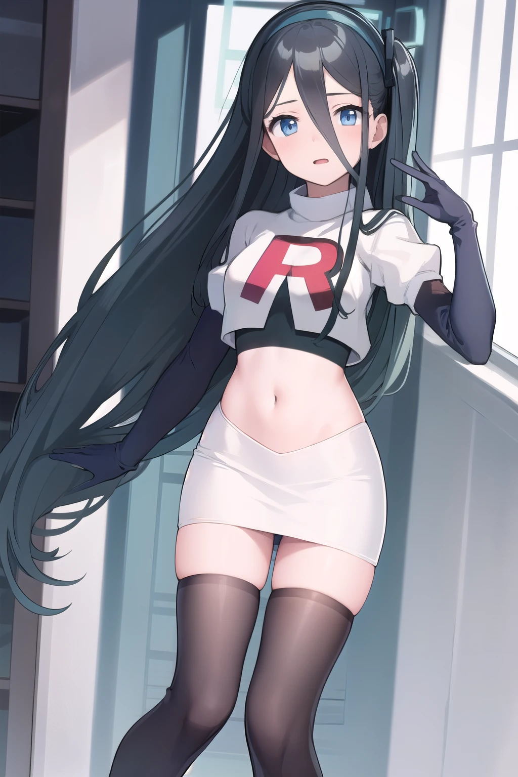 arisdef, (very long hair:1.1), team rocket,team rocket uniform,white skirt,red letter R,crop top,black thigh-highs,black elbow gloves, masterpiece, best quality, highres, 