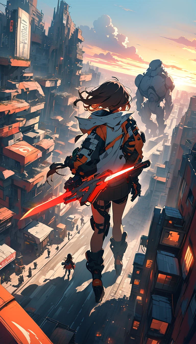 Woman with cyberpunk style clothes in one hand a sword with a red neon blade and in the other a futuristic pistol, looking at the horizon, from the top of a building, in the background a devastated city, coming towards her a gigantic golem-style monster, anime style art , sunset in the background,