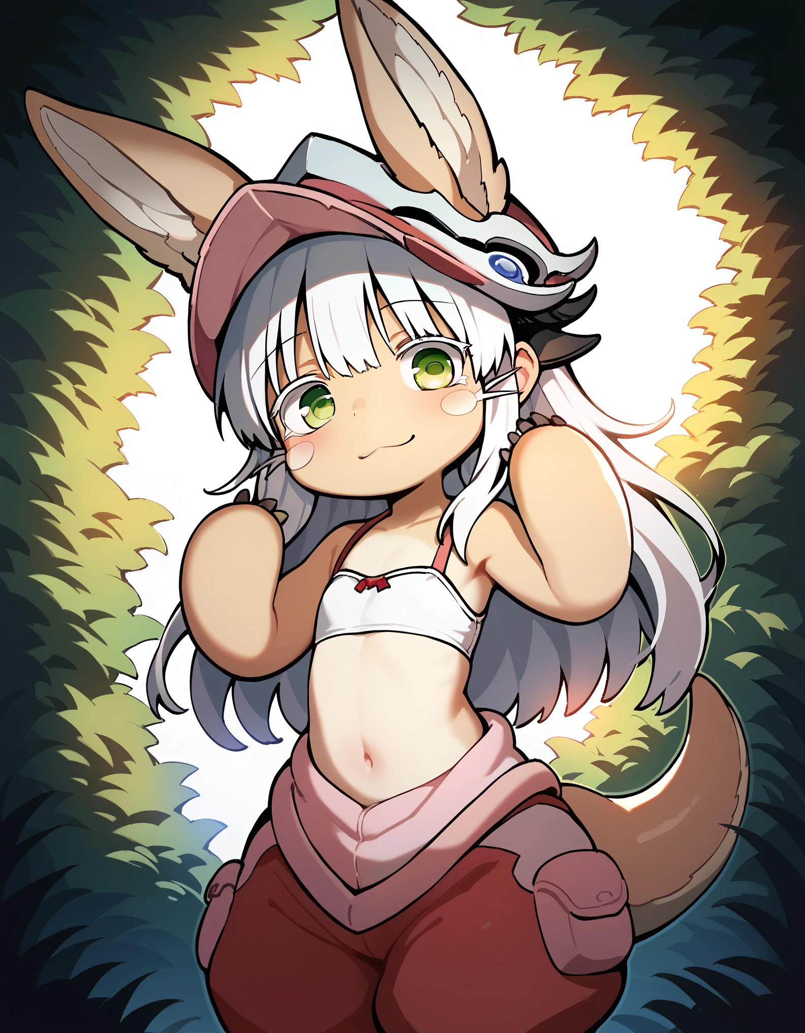 score_9, score_8_up, score_7_up, 1girl, nanachi, \(made in abyss\)/,(ultra HD quality details), green eyes, white hair, furry, animal ears, tail, sidelocks, cute, outdoors, ambient lighting, sunlight, colorful, vibrant, looking at viewer, flat chest, puffy pants, helmet, long hair, ears through headwear, short hair, animal ears,