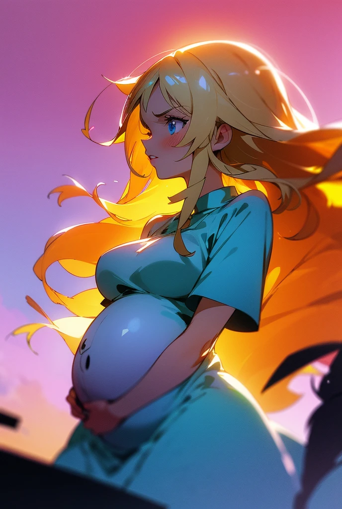 1 ,   long hair ,   High resolution  , breasts, blue eyes,   Fringe between the eyes, Necessary, HD model, Blonde hair, shiny hair,   Split Fringe, light blush,   red lips  , shy, Vanishing point, silhouette, scanlines,  anime style , anime,   similar to Kemono , one piece, wavy hair, Alone,  messy hair ,  textured skin , pregnant,  dress holding the belly,  hands on the belly , barriga de pregnant, floral dress, Sunnybelle , cute dress, romantic dress , sunset,  Side view,  depth of field , Backlighting, silhouette, Scanlines, Illustration,  anime style , anime, 