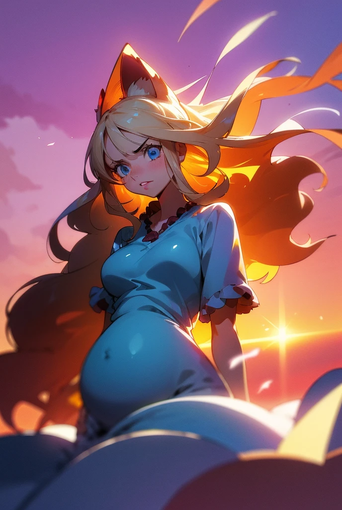 1 ,   long hair ,   High resolution  , breasts, blue eyes,   Fringe between the eyes, Necessary, HD model, Blonde hair, shiny hair,   Split Fringe, light blush,   red lips  , shy, Vanishing point, silhouette, scanlines,  anime style , anime,   similar to Kemono , one piece, wavy hair, Alone,  messy hair ,  textured skin , pregnant,  dress holding the belly,  hands on the belly , barriga de pregnant, floral dress, Sunnybelle , cute dress, romantic dress , sunset,  Side view,  depth of field , Backlighting, silhouette, Scanlines, Illustration,  anime style , anime, 