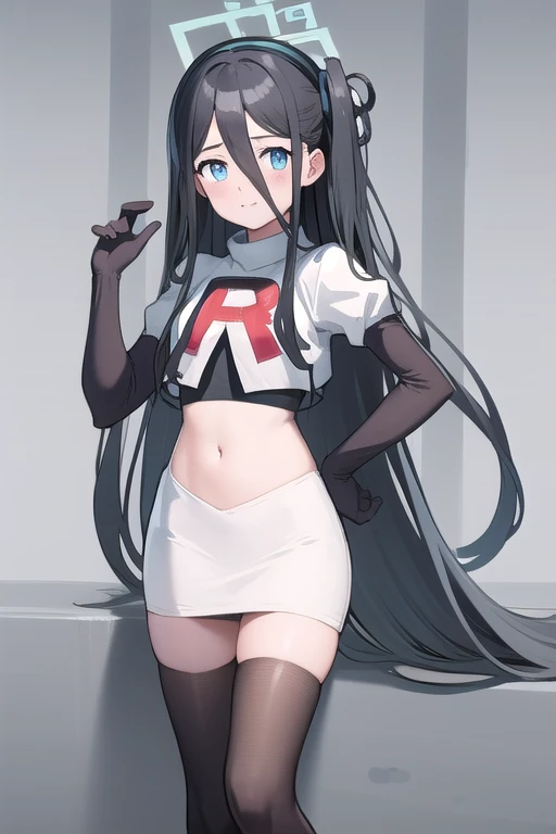 arisdef, (very long hair:1.1), team rocket,team rocket uniform,white skirt,red letter R,crop top,black thigh-highs,black elbow gloves, masterpiece, best quality, highres, 