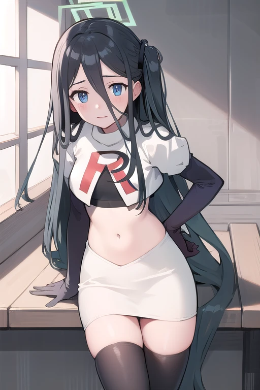 arisdef, (very long hair:1.1), team rocket,team rocket uniform,white skirt,red letter R,crop top,black thigh-highs,black elbow gloves, masterpiece, best quality, highres, 