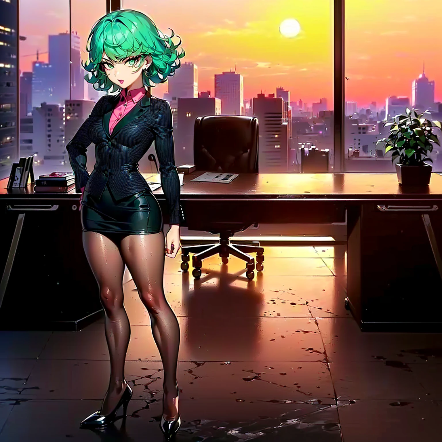 ((1girl, solo ,alone, tatsumaki, green hair, green eyes, small breasts, small bust, short hair, fitness, short stature, tiny breasts)), ((solo, 1woman, pink lipstick, Extremely detailed, ambient soft lighting, 4k, perfect eyes, a perfect face, perfect lighting, a 1girl)), austere, ((fitness, , shapely body, athletic body, toned body)) , ((black suit, pinstriped suit, black blazer, pinstriped blazer, black skirt, pencil skirt, tights, high heels, magenta dress shirt, stiletto heels, office, executive room, desk, jalena, city, sunset, marble floor, rolling chair, elegant decor, red lipstick,))