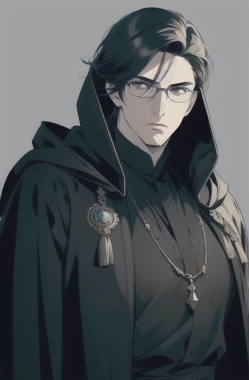 (masterpiece, ultra-detailed, high resolution, best quality:1.2), ((Anime:1.1), portrait, face focus, (Simple Background, Plain background, Fantasy Art, RPG Character, Concept Art)), (male, man, (muscular:0.9), large build, glasses, (droopy eyes:1.2), calm face), (side part, (Hair styled with hair styling products), black hair, (hair is parted to the side:1.1)), ((Cassock), (Hooded Robe, Wizard robe))