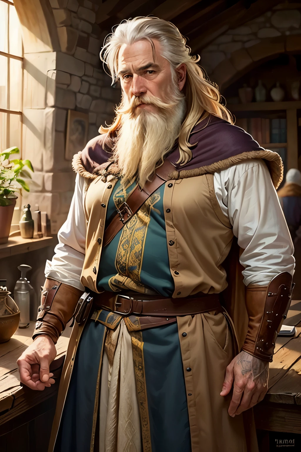 official art, unity 8k wallpaper, ultra detailed, beautiful and aesthetic, High quality, beautiful, masterpiece, best quality, (zentangle, mandala, tangle, entangle:0.6), (1man, old jewish male:1.2), wise, pink eyes, white hair, mustache, portrait, solo, half shot, looking at viewer, detailed background, detailed face, (vikingpunkai, norse viking theme:1.1) smirk, server, simple blue clothes, rustic bar interior in background, rust, wall-decorations, hearth, goblet, candlesticks, fantasy atmosphere,