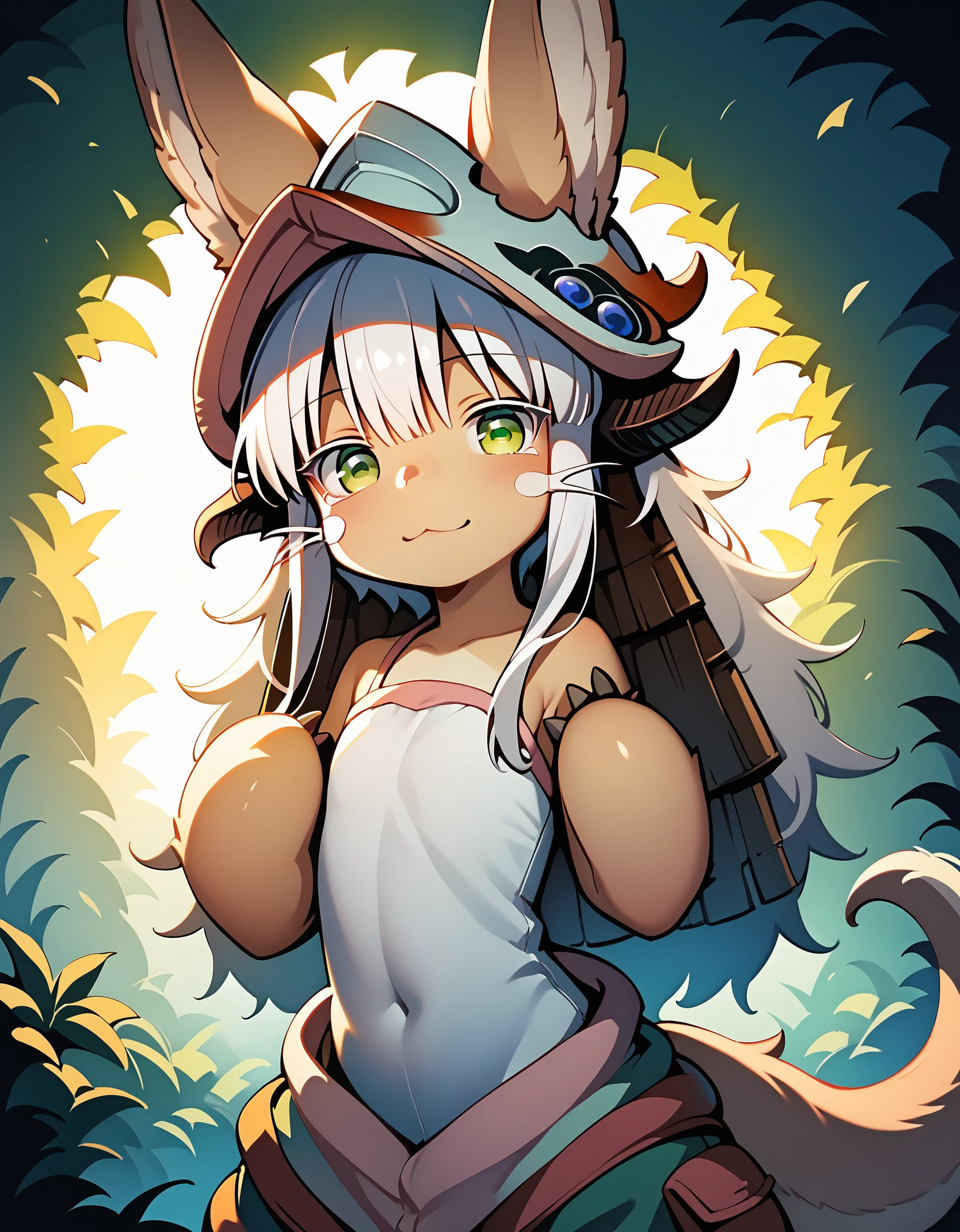 score_9, score_8_up, score_7_up, 1girl, nanachi, \(made in abyss\)/,(ultra HD quality details), green eyes, white hair, furry, animal ears, tail, sidelocks, cute, outdoors, ambient lighting, sunlight, colorful, vibrant, looking at viewer, flat chest, puffy pants, helmet, long hair, ears through headwear, short hair, animal ears,