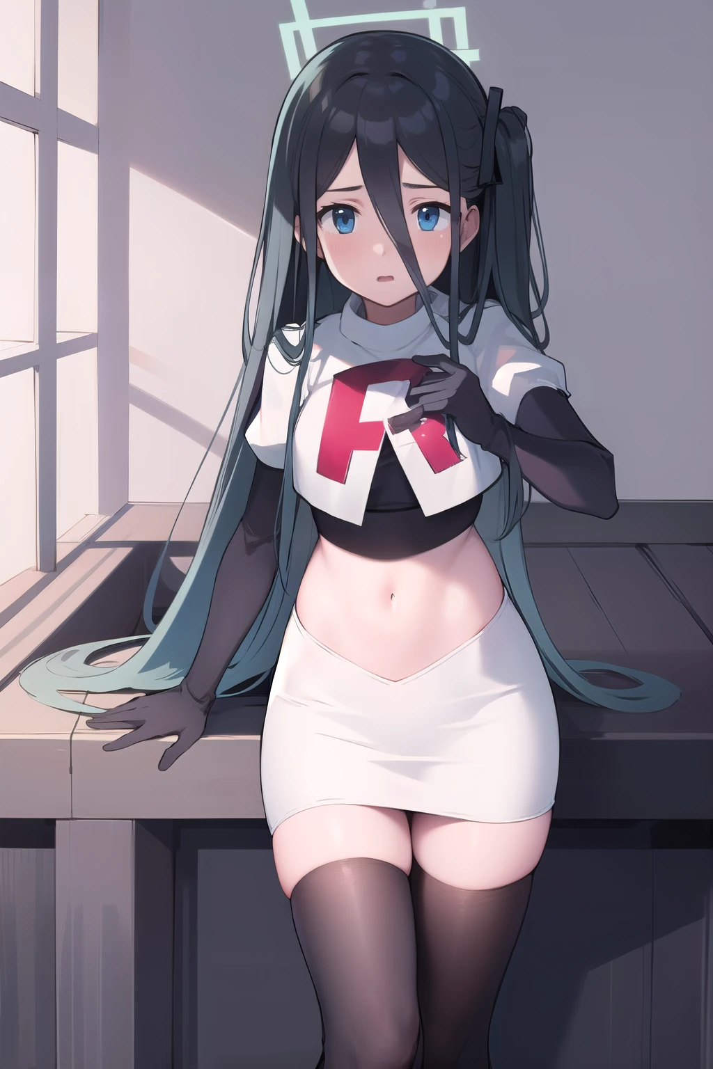 arisdef, (very long hair:1.1), team rocket,team rocket uniform,white skirt,red letter R,crop top,black thigh-highs,black elbow gloves, masterpiece, best quality, highres, 