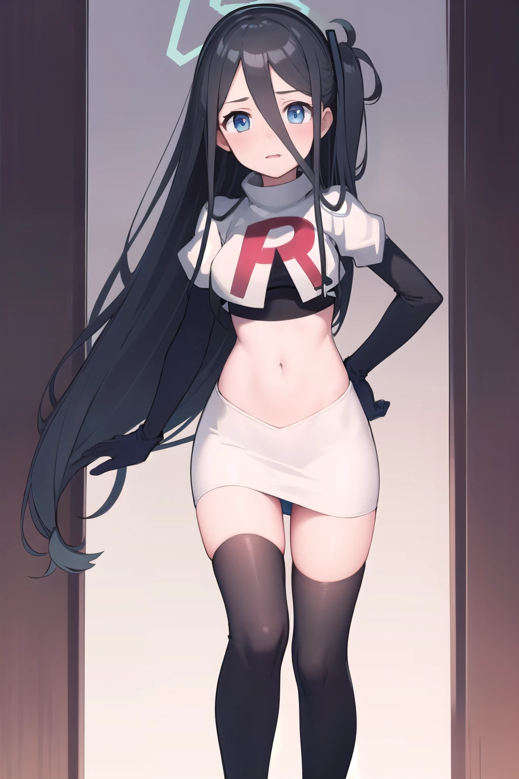 arisdef, (very long hair:1.1), team rocket,team rocket uniform,white skirt,red letter R,crop top,black thigh-highs,black elbow gloves, masterpiece, best quality, highres, 