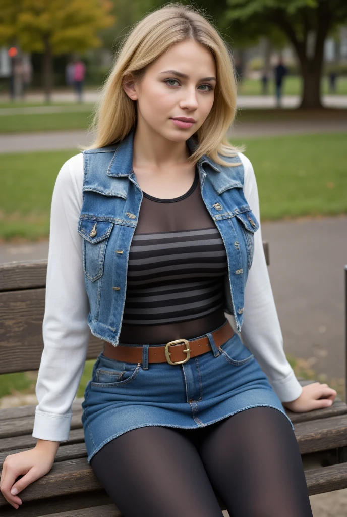 best quality, high resolution, and18, 1girl, android 18, solo, blonde hair, blue eyes, short hair, earrings, jewelry, denim vest, open vest, black tights, black shirt, denim skirt, striped long sleeves, skirt blue, medium breasts, cowboy shot, street, off the shoulder, Strapless, sitting sensual and sexy android number 18 from sensual dragon ball showing ass with micro skirt.