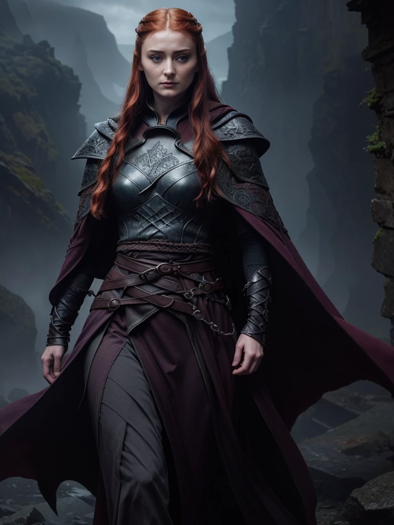 (sansa stark:1.3),beautiful detailed eyes,beautiful detailed lips,extremely detailed eyes and face,longeyelashes,athletic body,red hair,green eyes,purple hooded cape,pink dress,blue knife,high boots,fantasy,hyper realistic,cinematic lighting,8k,highly detailed,photorealistic,masterpiece,intricate details,chiaroscuro,dramatic lighting,moody lighting,volumetric lighting,cinematic composition,cinematic framing,heroic pose,dynamic pose,epic scale,sweeping landscape,mystical atmosphere,fantasy elements,vibrant colors,cool color palette,dramatic shadows,dramatic highlights