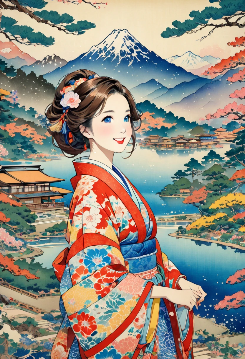 ( best quality, masterpiece,  high definition , 8k),  Young and Beautiful Women ,  cute face,  colorful kimono with bright patterns that reveal the chest, Mid-chest,  beautiful smiling woman , Long brown hair, Mountain, Hotel, lake, blue bird , large pine tree branch, Colorful Ukiyo-e style illustrations,  Detailed Illustration Art , 