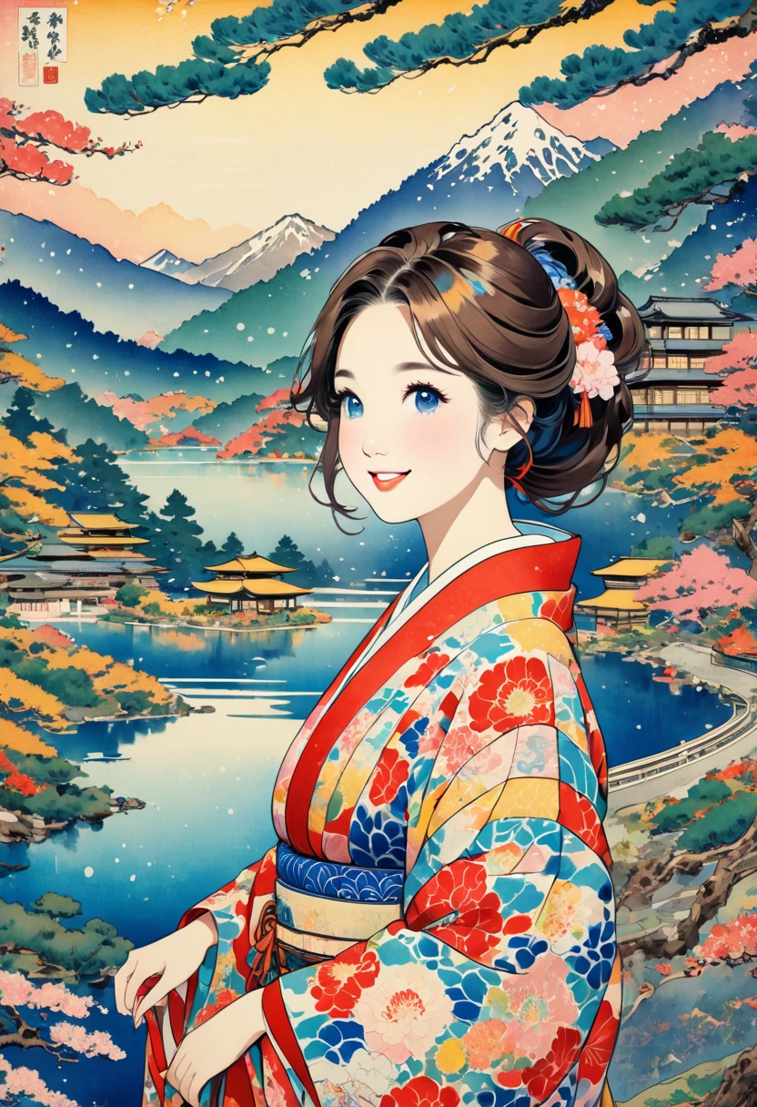 ( best quality, masterpiece,  high definition , 8k),  Young and Beautiful Women ,  cute face,  colorful kimono with bright patterns that reveal the chest, Mid-chest,  beautiful smiling woman , Long brown hair, Mountain, Hotel, lake, blue bird , large pine tree branch, Colorful Ukiyo-e style illustrations,  Detailed Illustration Art , 