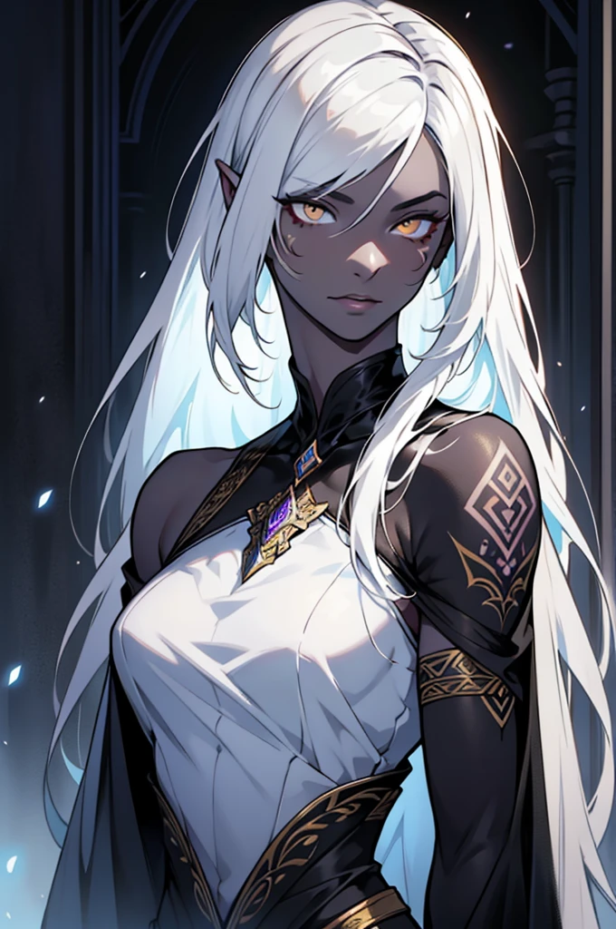 (medium portrait:1.2), (fantasy art:1.5), female, solo, (elf:1.3), (dark-gray skin:1.4), (long messy gray hair:1.5), (purple eyes:1.3), tall, medium breasts, gentle look on her face, ((plain:1.3) white dress:1.4), standing, night sky in the background, (best illumination:1.1)