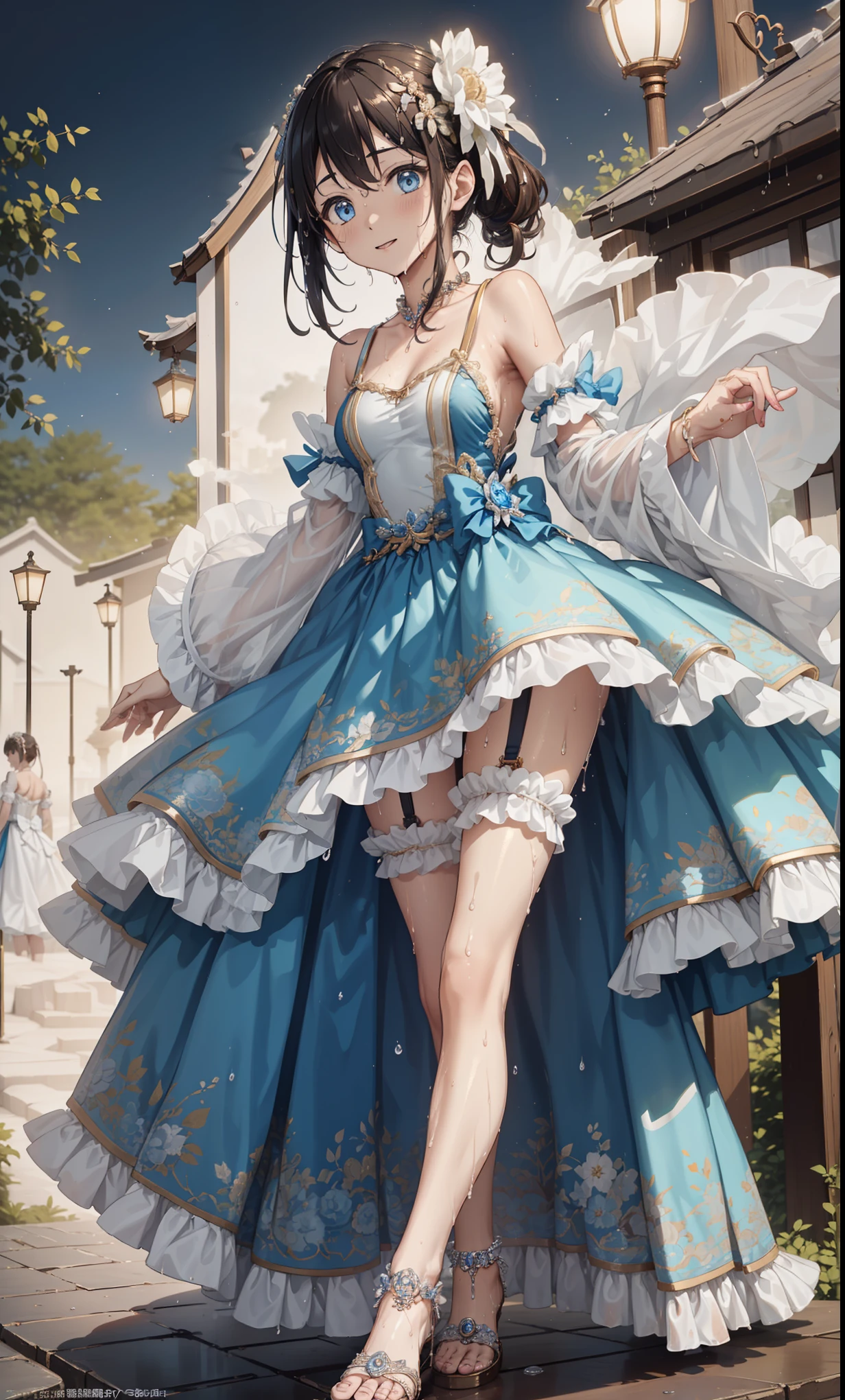 high quality， best resolution，(Wet princess dress ）， very detailed ,   She has a pair of white ponytails， young woman ，charm，Intricately designed clothes， blue eyes ， phantom sky ，Elegant and charming，((Wet people，Foggy，water))，Foot ring，Anklets，night，Small lighting，charm的姿势，Well designed costume ，Beautiful decoration，出water芙蓉，Garter