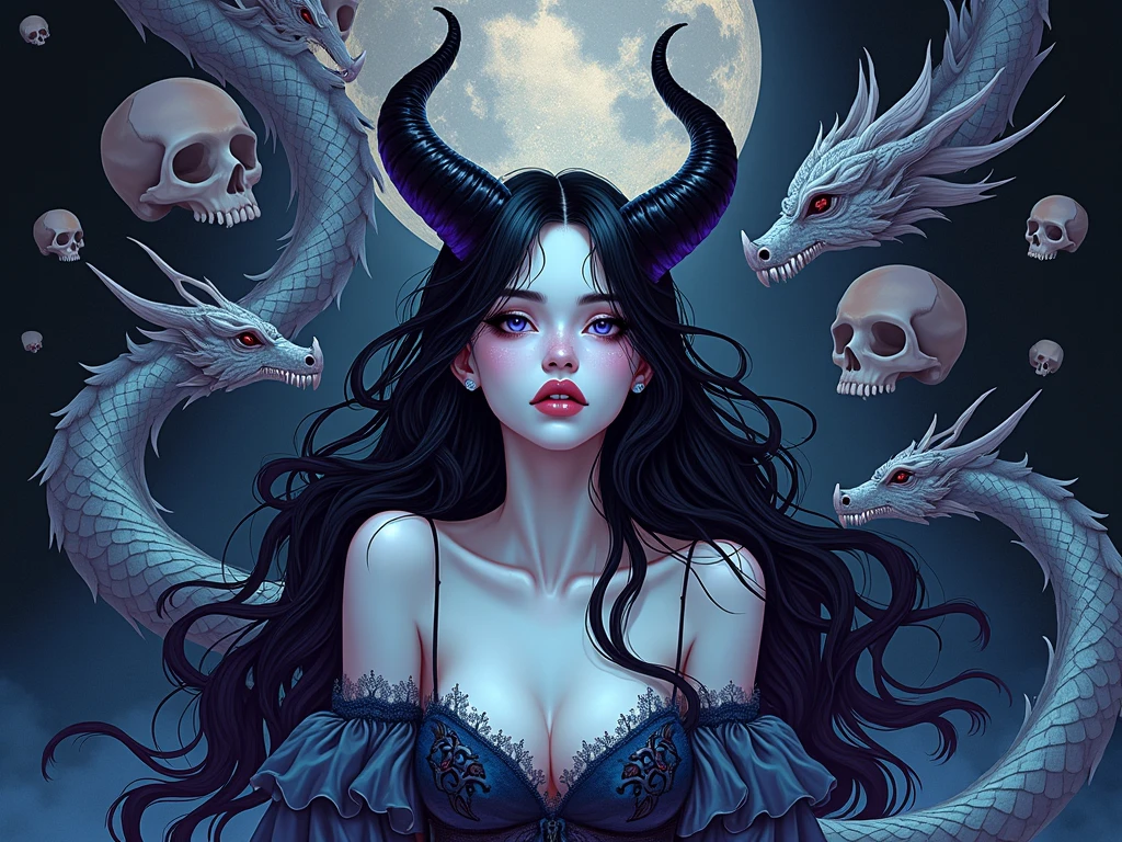 There is a woman with horns and a crown sitting on a pile of skulls, in dark fantasy style art, dark fantasy style art, beautiful elegant demon queen, goddess of death, dark fantasy illustration, dark fantasy art, a sinister fantasy illustration, gothic fantasy art, dark fantasy art, behance fantasy art,  Queen of the Underworld, Goddess of the Underworld, 8k, quality of cinema films, ((((beautiful woman looking forward, sharp to the extreme))).