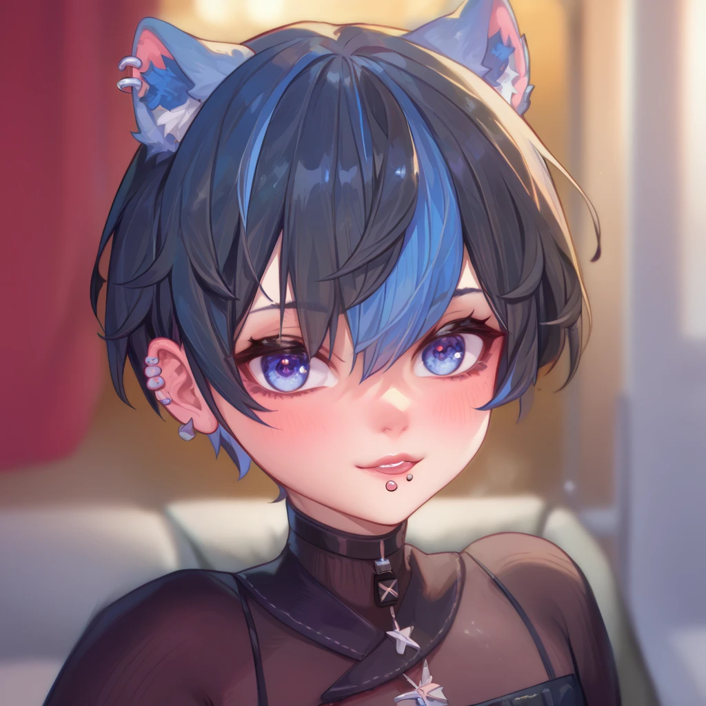  black hair 、young 、 short hair 、 Blue inner hair mesh、 piercings in both ears 、Rasgos faciales neutros、outline