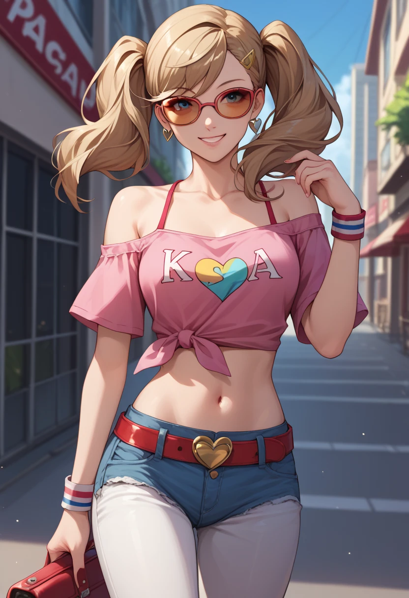 score_9_up, score_8_up, score_7_up,score_6_up, score_5_up, score_4_up , 1girl, solo, yukariarena, pink camisole, white pants, collarbone, midriff, p5sAnn, twintails, hairclip, sunglasses, eyewear on head, heart earrings, tied shirt, print shirt, off shoulder, wristband, midriff, red belt, belt buckle, denim shorts, happy, cowboy shot, city background