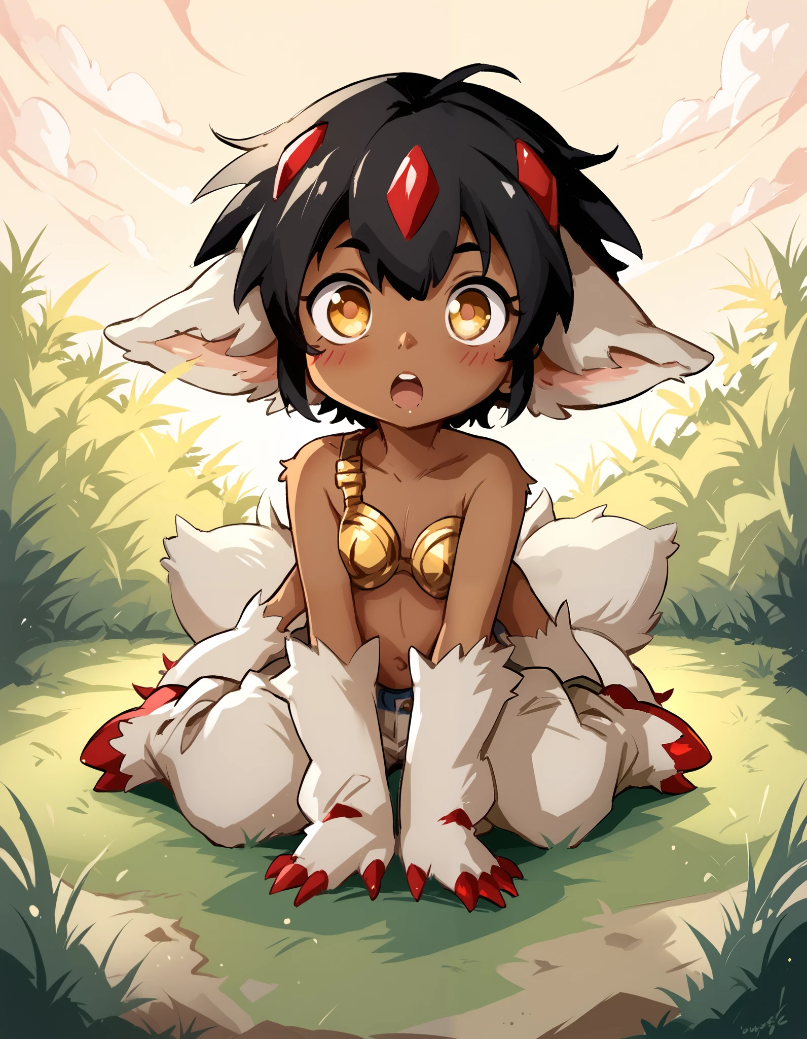 stkyswt, (score_9, score_8_up), score_7_up, Faputa, faputa black,1girl, dark skin, dark-skinned girl, black hair, short hair, 4arms, red claws, multiple tails, yellow eyes, (fur black:1.5), black, animal ears, metal bra, on all four, facing viewer, looking at viewer, open mouth, blushing, outdoors, grass, hills, khyle.