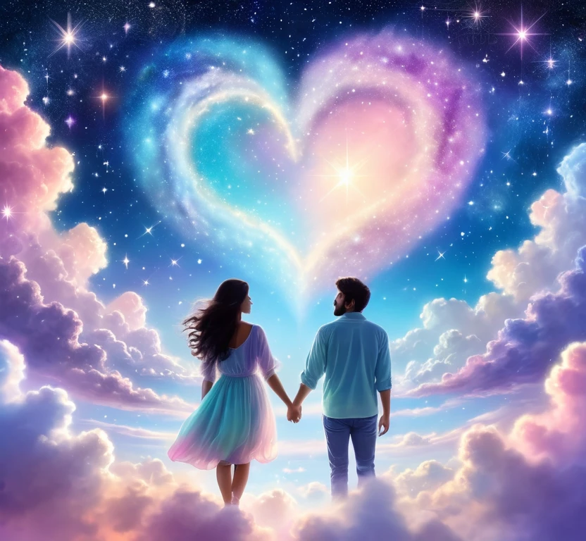 Soft painted sky full of stars, a distant glowing heart is painted in clouds, pastel glitter, cosmic divinity, astral travel, twin soul couple, infinite love, universe, love within the soul