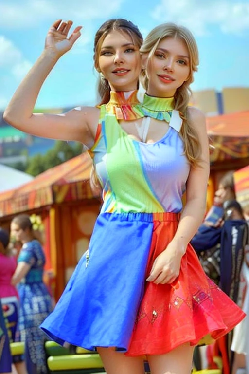  there are two women standing together in a dress,  Vestido colorful ,  multicolored ,  colorful clothes , colorful fashion, full of colors, colorful clothes, ángulo interesante, colorful clothes, colorful clothes,  wearing a sleeveless t-shirt and a skirt , hot uhd photo of , colorful, Anna Nikonova, contraste colorful,  Julia Razumova style 