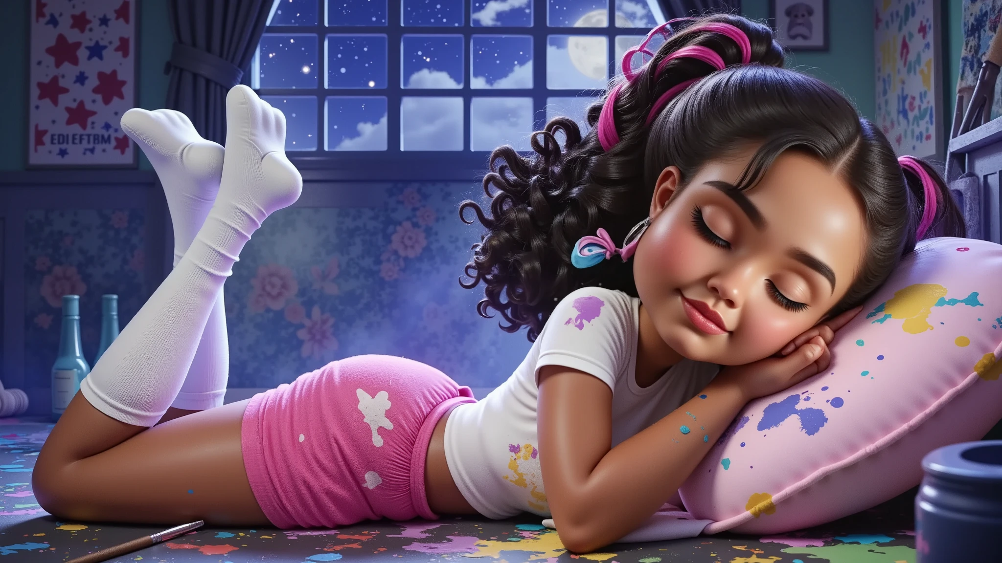 Inspired by Disney-Pixar 3D posters, the scene shows a girl, light brown skin, African descent, curly hair tied in a ponytail, a pink lock of hair, lying down with her eyes closed, clearly sleeping peacefully and happily. It is night, the moon is full and the stars shine breathtakingly, and the room has a soft glow that exudes a magical and peaceful atmosphere. The girl is surrounded by creative chaos: vibrant paints scattered everywhere, cushions of various colors around her, brushes and open paint pots, with splashes covering the floor, the cushions and even her own clothes. Her white T-shirt and pink shorts, short and sexy, tucked into her vagina so tight, white socks up to her knees. A huge window shows the beauty of this special night. They are stained with paint, her body is covered in splashes and traces of paint, but this adds to the feeling of creative joy. Her expression conveys peace and contentment, as if she had fallen asleep in the middle of an imaginative painting session. The scene, although messy, is enveloped by a playful and comforting atmosphere, highlighting creativity and dreaming.